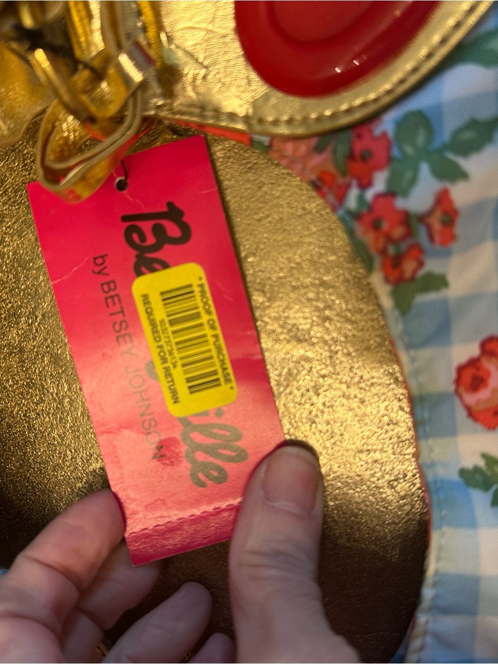 Vintage Betsey Johnson Blue Gingham Shoulder Bag with Red Floral Print - Picture 2 of 7